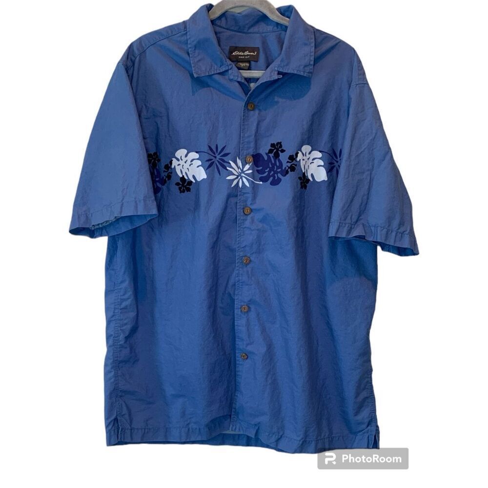 EDDIE BAUER Hawaiian Tropical Button Up Short Sleeve Shirt Size L Tall